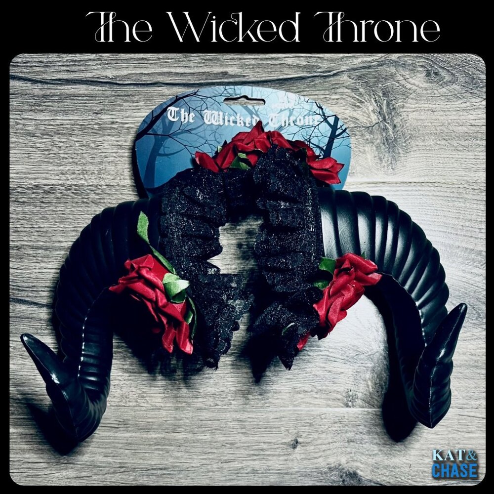KBW The Wicked Throne Headband Black Curved Horns Red Flower Lace Gothic Costume